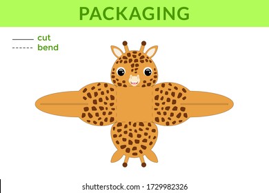 Adorable DIY party favor box for birthdays, baby showers with cute giraffe for sweets, candies, small presents, bakery. Printable color scheme. Print, cut out, fold no glue. Vector stock illustration.
