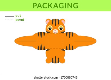 Adorable DIY party favor box for birthdays, baby showers with cute tiger for sweets, candies, small presents, bakery. Printable color scheme. Print, cut out, fold no glue. Vector stock illustration.