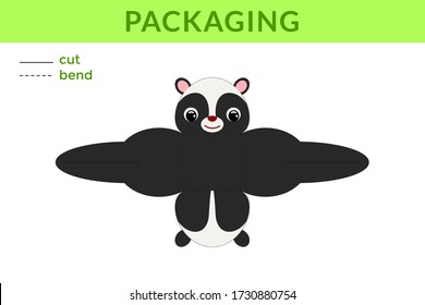 Adorable DIY party favor box for birthdays, baby showers with cute skunk for sweets, candies, small presents, bakery. Printable color scheme. Print, cut out, fold no glue. Vector stock illustration.