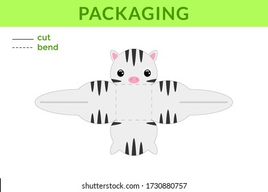 Adorable DIY party favor box for birthdays, baby showers with cute zebra for sweets, candies, small presents, bakery. Printable color scheme. Print, cut out, fold no glue. Vector stock illustration.