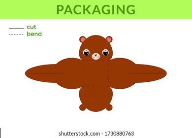 Adorable DIY party favor box for birthdays, baby showers with cute beaver for sweets, candies, small presents, bakery. Printable color scheme. Print, cut out, fold no glue. Vector stock illustration.