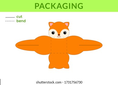 Adorable DIY party favor box for birthdays, baby showers with cute fox for sweets, candies, small presents, bakery. Printable color scheme. Print, cut out, fold no glue. Vector stock illustration.