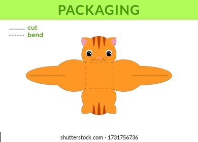 Adorable DIY party favor box for birthdays, baby showers with cute cat for sweets, candies, small presents, bakery. Printable color scheme. Print, cut out, fold no glue. Vector stock illustration.