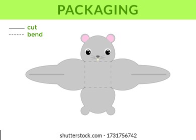 Adorable DIY party favor box for birthdays, baby showers with cute mouse for sweets, candies, small presents, bakery. Printable color scheme. Print, cut out, fold no glue. Vector stock illustration.