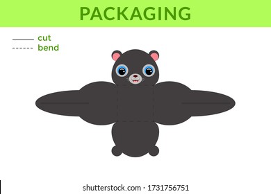 Adorable DIY party favor box for birthdays, baby showers with cute panther for sweets, candies, small presents, bakery. Printable color scheme. Print, cut out, fold no glue. Vector stock illustration.
