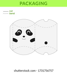 Adorable DIY party favor box for birthdays, baby showers with cute panda for sweets, candies, small presents, bakery. Printable color scheme. Print, cut out, fold, glue. Vector stock illustration.