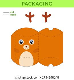 Adorable DIY party favor box for birthdays, baby showers with cute deer for sweets, candies, small presents, bakery. Printable color scheme. Print, cut out, fold, glue. Vector stock illustration.