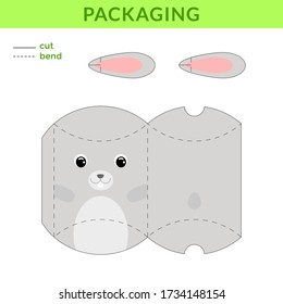 Adorable DIY party favor box for birthdays, baby showers with cute rabbit for sweets, candies, small presents, bakery. Printable color scheme. Print, cut out, fold, glue. Vector stock illustration.