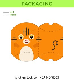 Adorable DIY party favor box for birthdays, baby showers with cute tiger for sweets, candies, small presents, bakery. Printable color scheme. Print, cut out, fold, glue. Vector stock illustration.