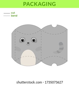 Adorable DIY party favor box for birthdays, baby showers with cute raccoon for sweets, candies, small presents, bakery. Printable color scheme. Print, cut out, fold, glue. Vector stock illustration.