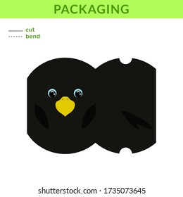 Adorable DIY party favor box for birthdays, baby showers with cute raven for sweets, candies, small presents, bakery. Printable color scheme. Print, cut out, fold, glue. Vector stock illustration.