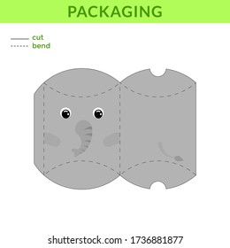 Adorable DIY party favor box for birthdays, baby showers with cute elephant for sweets, candies, small presents, bakery. Printable color scheme. Print, cut out, fold, glue. Vector stock illustration.