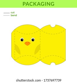 Adorable DIY party favor box for birthdays, baby showers with cute chicken for sweets, candies, small presents, bakery. Printable color scheme. Print, cut out, fold, glue. Vector stock illustration.