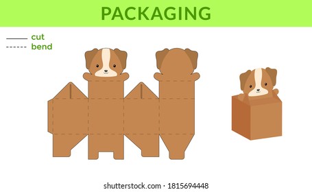 Adorable DIY party favor box for birthdays, baby showers with cute dog for sweets, candies, small presents, bakery. Retail box blueprint template. Print, cutout, fold, glue. Vector stock illustration