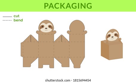 Adorable DIY party favor box for birthdays, baby showers with cute sloth for sweets, candies, small presents, bakery. Retail box blueprint template. Print, cutout, fold, glue. Vector illustration