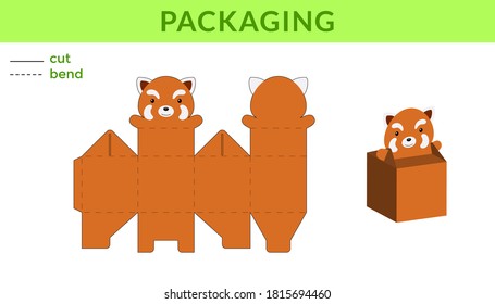 Adorable DIY party favor box for birthdays, baby showers with red panda for sweets, candies, small presents, bakery. Retail box blueprint template. Print, cutout, fold, glue. Vector stock illustration