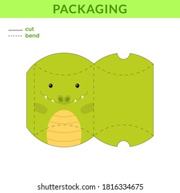 Adorable DIY party favor box for birthdays, baby showers with crocodile for sweets, candies, small presents, bakery. Retail box blueprint template. Print, cutout, fold, glue. Vector stock illustration