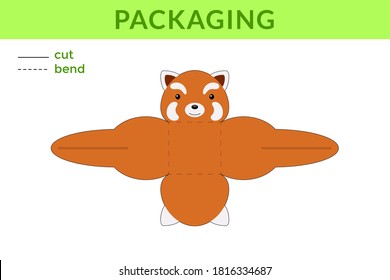 Adorable DIY party favor box for birthdays, baby showers with red panda for sweets, candies, small presents, bakery. Retail box blueprint template. Print, cutout, fold, glue. Vector stock illustration