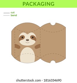Adorable DIY party favor box for birthdays, baby showers with cute sloth for sweets, candies, small presents, bakery. Retail box blueprint template. Print, cutout, fold, glue Vector stock illustration
