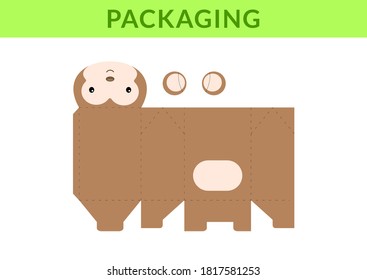 Adorable DIY party favor box for birthdays, baby showers with monkey for sweets, candies, small presents, bakery. Retail box blueprint template. Print, cutout, fold, glue. Vector stock illustration