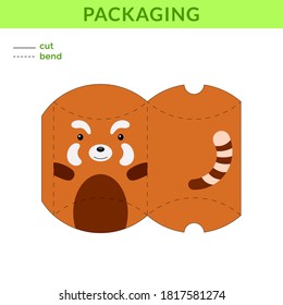 Adorable DIY party favor box for birthdays, baby showers with red panda for sweets, candies, small presents, bakery. Retail box blueprint template. Print, cutout, fold, glue. Vector stock illustration