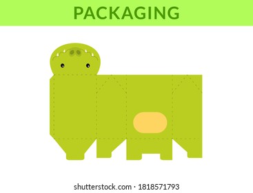 Adorable DIY party favor box for birthdays, baby showers with crocodile for sweets, candies, small presents, bakery. Retail box blueprint template. Print, cutout, fold, glue. Vector stock illustration
