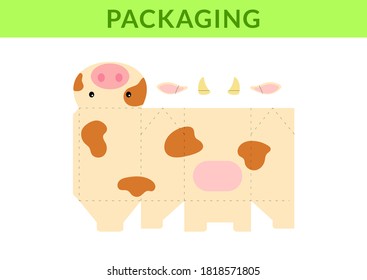 Adorable DIY party favor box for birthdays, baby showers with cute cow for sweets, candies, small presents, bakery. Retail box blueprint template. Print, cutout, fold, glue. Vector stock illustration