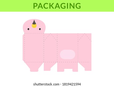 Adorable DIY party favor box for birthdays, baby showers with flamingo for sweets, candies, small presents, bakery. Retail box blueprint template. Print, cutout, fold, glue. Vector stock illustration