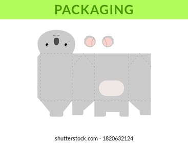 Adorable DIY party favor box for birthdays, baby showers with koala for sweets, candies, small presents, bakery. Retail box blueprint template. Print, cutout, fold, glue. Vector stock illustration