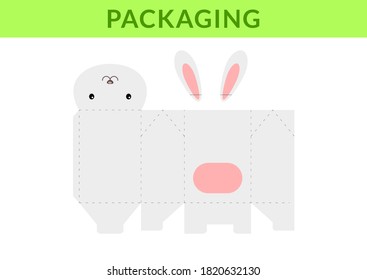 Adorable DIY party favor box for birthdays, baby showers with cute hare for sweets, candies, small presents, bakery. Retail box blueprint template. Print, cutout, fold, glue. Vector stock illustration