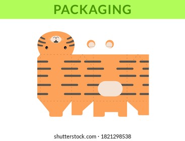 Adorable DIY party favor box for birthdays, baby showers with cute tiger for sweets, candies, small presents, bakery. Retail box blueprint template. Print, cutout, fold, glue Vector stock illustration