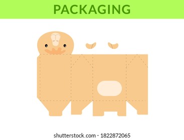 Adorable DIY party favor box for birthdays, baby showers with cute camel for sweets, candies, small presents, bakery. Retail box blueprint template. Print, cutout, fold, glue Vector stock illustration