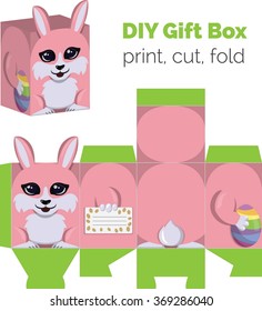 Adorable Do It Yourself DIY Easter bunny with egg gift box with ears for sweets, candies, small presents. Printable color scheme. Print it on thick paper, cut out, fold according to the lines.