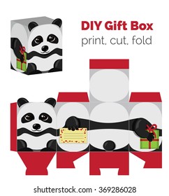 Adorable Do It Yourself DIY panda Christmas gift box with ears for sweets, candies, small presents. Printable color scheme. Print it on thick paper, cut out, fold according to the lines.