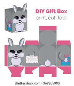 Adorable Do It Yourself DIY rabbit gift box with ears for sweets, candies, small presents. Printable color scheme. Print it on thick paper, cut out, fold according to the lines.