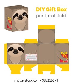 Adorable Do It Yourself DIY sloth gift box for sweets, candies, small presents. Printable color scheme. Print it on thick paper, cut out, fold according to the lines