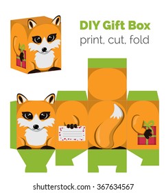 Adorable Do It Yourself fox gift box with ears for sweets, candies, small presents. Printable color scheme. Print it on thick paper, cut out, fold according to the lines.