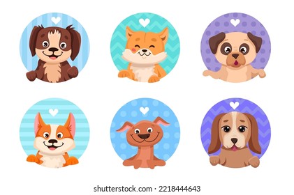 Adorable dog avatar icons with hearts and colorful backgrounds for profile. Cute pet faces of different breeds pug, corgi, akita inu. Vector cartoon illustration for your design