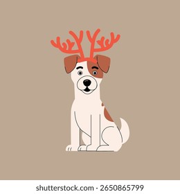 Adorable dog with brown spots wearing red reindeer antlers. Festive Christmas illustration in flat cartoon style. Perfect for holiday cards, pet themed designs, and seasonal decorations. Vector