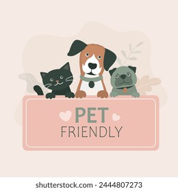 Adorable dog and cat, pets friendly icon, sticker or label. Sign symbol of pets allowed and accepted. Cute animals and poster with text. Label vector illustration