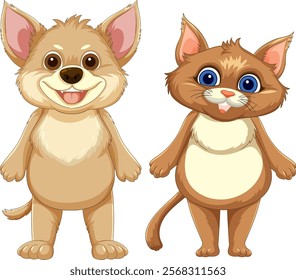 Adorable dog and cat standing side by side