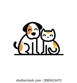 adorable Dog and cat vector cartoon illustration design in line style, simple modern animal pet shop character logo concept. funny puppy and kitty friend logo line art drawing