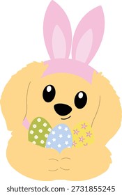 Perro adorable vestido como conejo de Pascua que sostiene los huevos