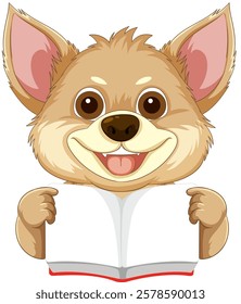 Adorable dog holding an open book, smiling happily