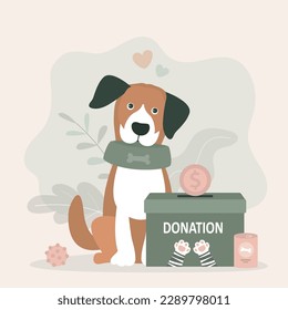 El perro adorable sostiene el tazón vacío. Voluntariado y asistencia a animales. Recaudación de fondos, donación para mascotas. Alimentos y accesorios para perros y gatos sin hogar. Caja para donación de dinero. ilustración vectorial plana