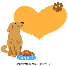 Adorable dog looking up with big heart shape and paw silhouette with dry food in bowl.