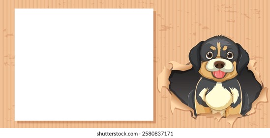 Adorable dog peeking through torn paper frame