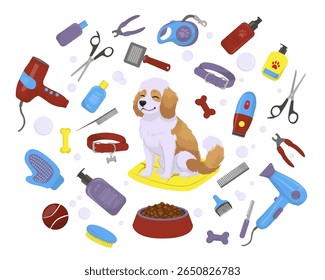 Adorable dog sitting happily among various grooming tools in a colorful vector illustration. Features clippers, scissors, shampoo, and more essentials for pet care and grooming routines.