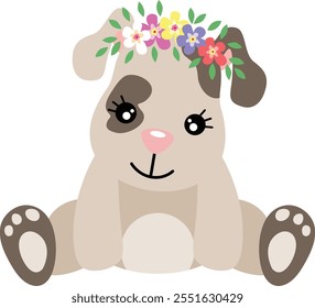 Adorable dog sitting with wreath floral on head