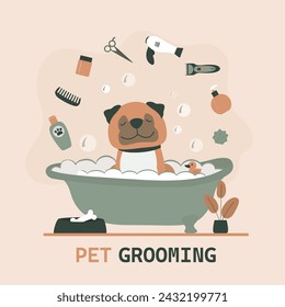 Adorable dog is washing in bathroom. Pet grooming. Cute bulldog in bathtub. Various tools for dog washing and grooming. Design for use for salon logo, banner, poster or web. flat vector illustration